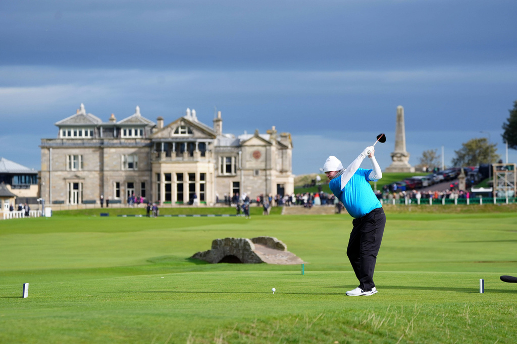 Scotland's Robert MacIntyre on the 18th tee during day four of the 2025 Alfred Dunhill Links Championship at the Old Course, St Andrews, Scotland, Sunday, Oct. 5, 2025. (Jane Barlow/PA via AP)