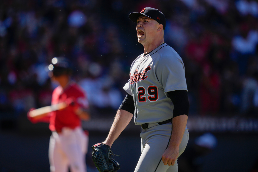 Detroit Tigers starting pitcher Tarik Skubal reacts after his fourth strike out in a row in the seventh inning of Game 1 of the American League Wild Card baseball playoff series against the Cleveland Guardians in Cleveland, Tuesday, Sept. 30, 2025. (AP Photo/Sue Ogrocki)