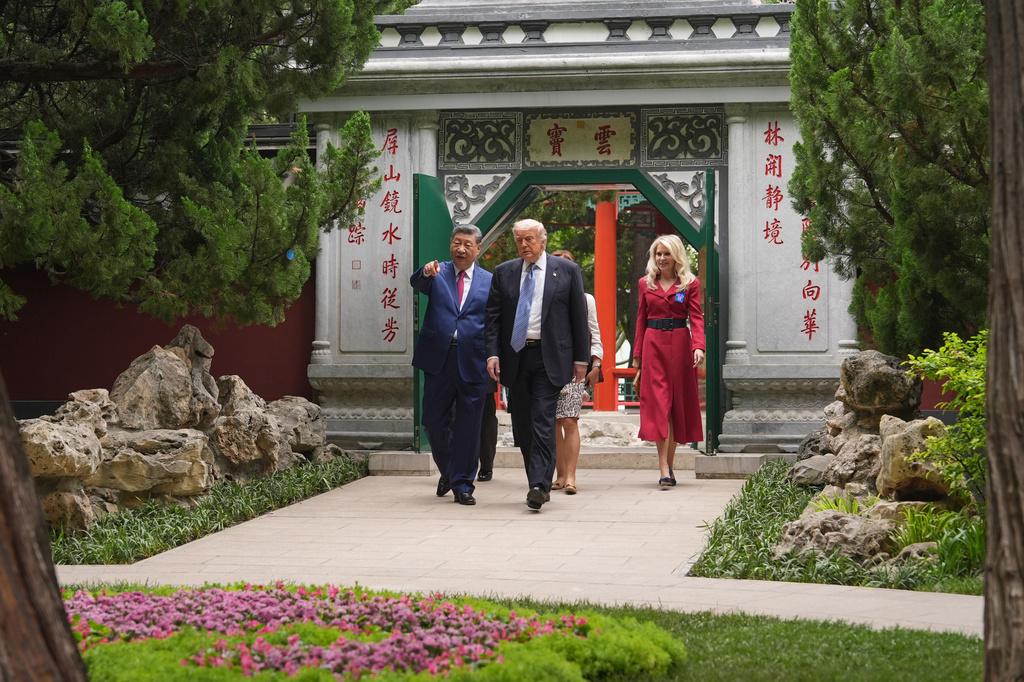 President Donald Trump talks with China's President Xi Jinping at the Zhongnanhai leadership compound, Friday, May 15, 2026, in Beijing. (AP Photo/Mark Schiefelbein, Pool)