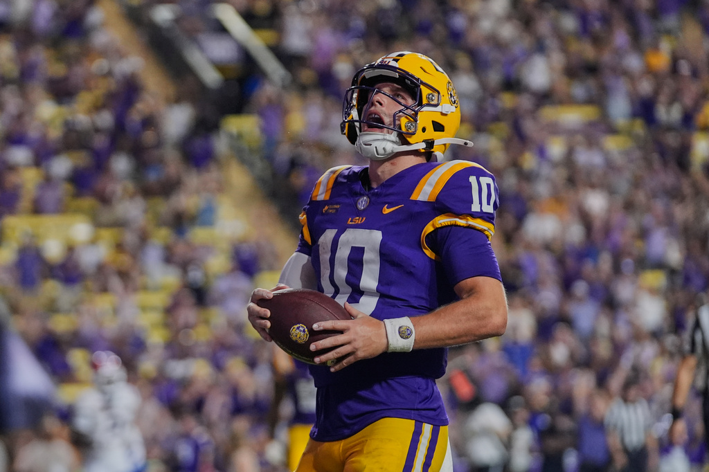 LSU quarterback Sam Leavitt (10) reacts after scoring a touchdown in the second half of an NCAA college football game against Louisiana Tech, Saturday, Sept. 12, 2026 in Baton Rouge, La. (AP Photo/Gerald Herbert)