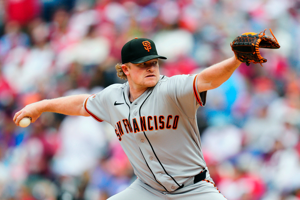 San Francisco Giants pitcher Logan Webb throws during the third inning in the first baseball game of a doubleheader against the Philadelphia Phillies, Thursday, April 30, 2026, in Philadelphia. (AP Photo/Derik Hamilton)
