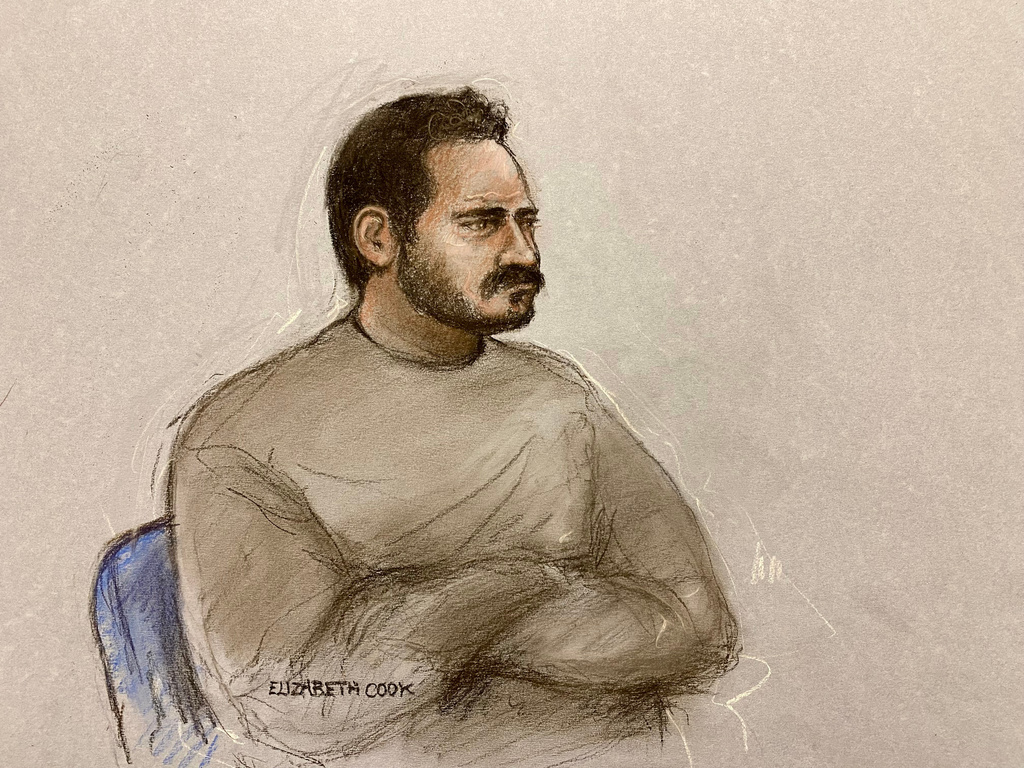 This court artist sketch by Elizabeth Cook shows Joshua Kerry, 28, appearing at Westminster Magistrates' Court in London on Tuesday, July 21, 2026 charged with the murder of MP Ann Widdecombe. (Elizabeth Cook/PA via AP)