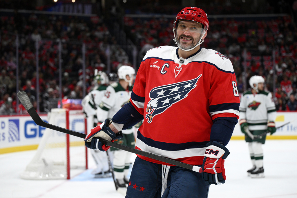 Washington Capitals left wing Alex Ovechkin (8) looks on during the first period of an NHL hockey game against the Minnesota Wild, Friday, Oct. 17, 2025, in Washington. (AP Photo/Nick Wass)