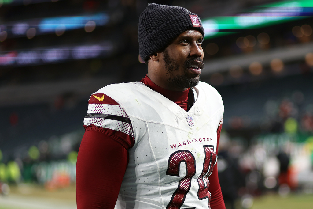 FILE - Washington Commanders linebacker Von Miller (24) looks on after an NFL football game against the Philadelphia Eagles, on Jan. 4, 2026, in Philadelphia. (AP Photo/Daniel Kucin Jr., File)