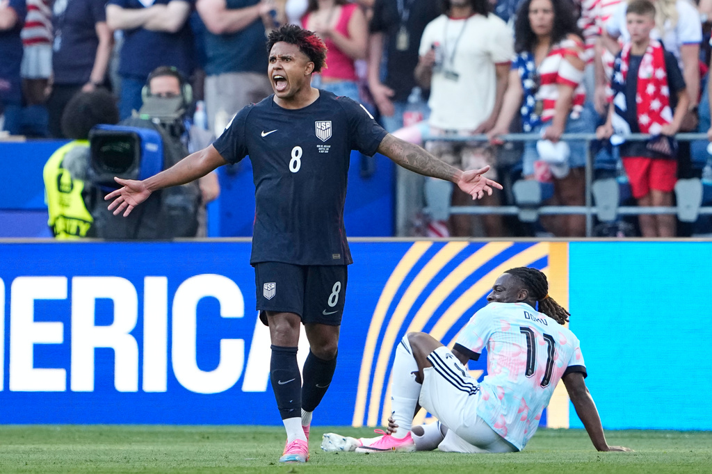 United States' Weston McKennie (8) reacts during the World Cup round of 16 soccer match between the United States and Belgium in Seattle, Monday, July 6, 2026. (AP Photo/Lindsey Wasson)