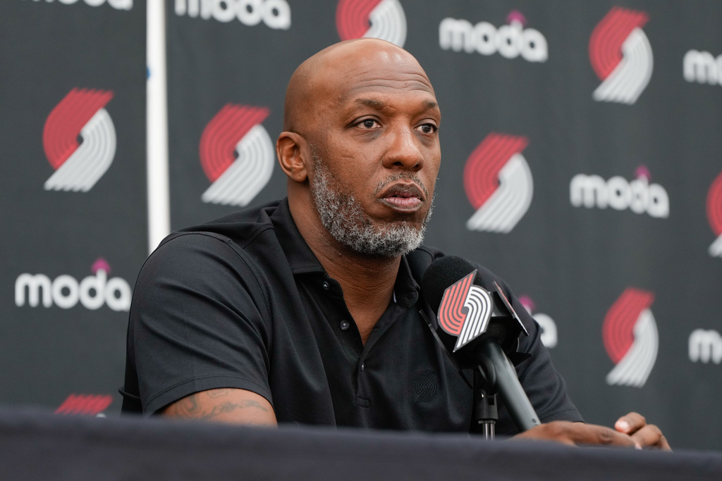 Portland Trail Blazers head coach Chauncey Billups listens during a news conference, Friday, June 27, 2025, in Portland, Ore. (AP Photo/Jenny Kane)