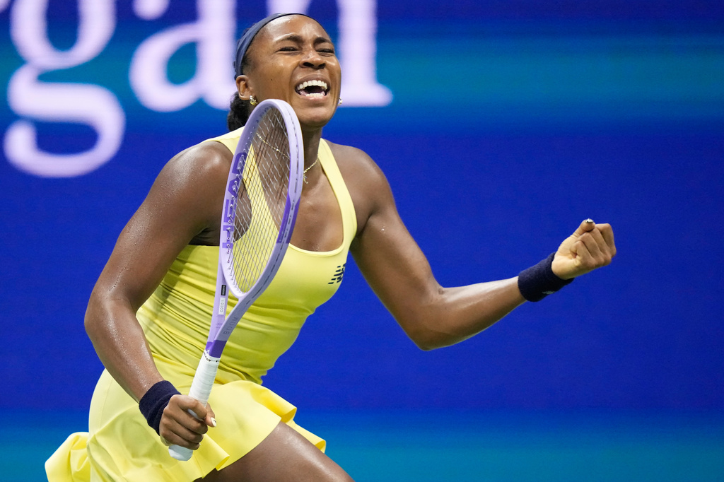 Coco Gauff, of the United States, celebrates during the second set of her match against Paula Badosa, of Spain, during the second round of the U.S. Open tennis championships, Thursday, Sept. 3, 2026, in New York. (AP Photo/Frank Franklin II)