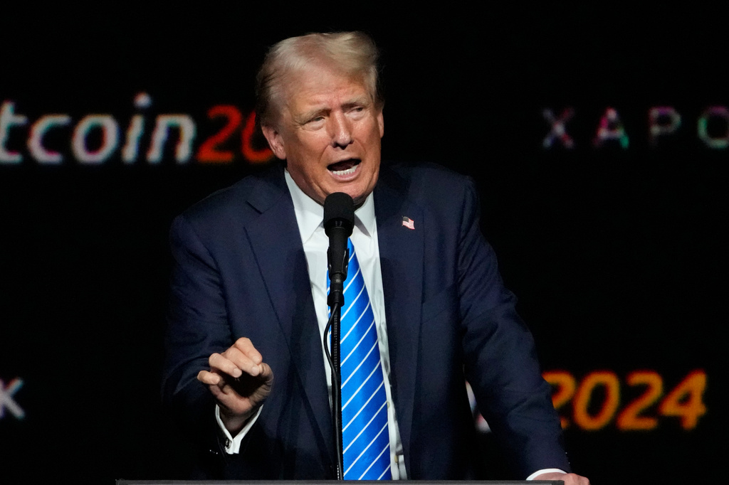 FILE - Republican presidential candidate former President Donald Trump speaks at the Bitcoin Conference, July 27, 2024, in Nashville, Tenn. (AP Photo/Mark Humphrey, File)