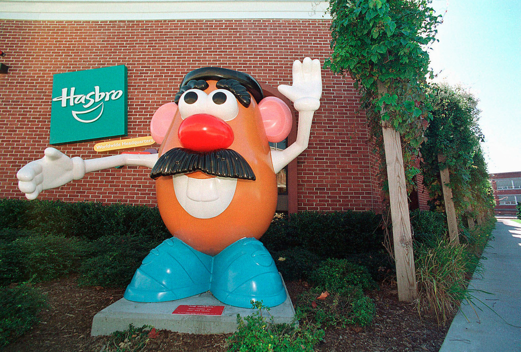 FILE - In this Oct. 12, 2000 file photo, a Mr. Potato Head statue stands outside the Hasbro, Inc. headquarters in Pawtucket, R.I. (AP Photo/Stew Milne, File)