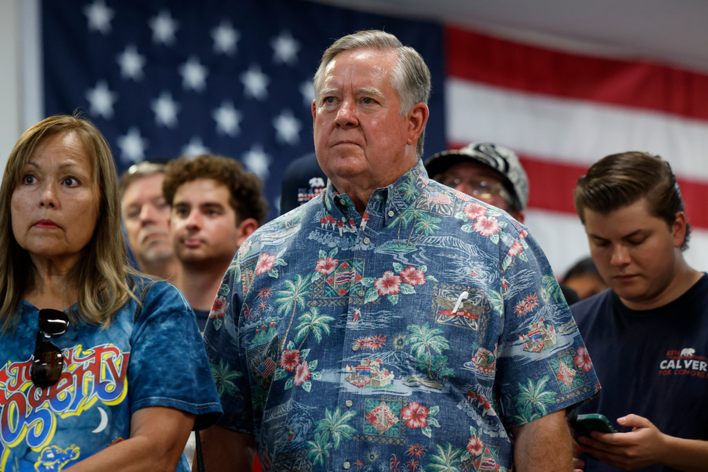 Rep. Ken Calvert, R-Calif., listens to Leticia Castillo, member of the California State Assembly, speak at a "Barbeque, Beer and Ballots" event organized by Reform California on Saturday, May 9, 2026, in Corona, Calif. (AP Photo/Caroline Brehman)