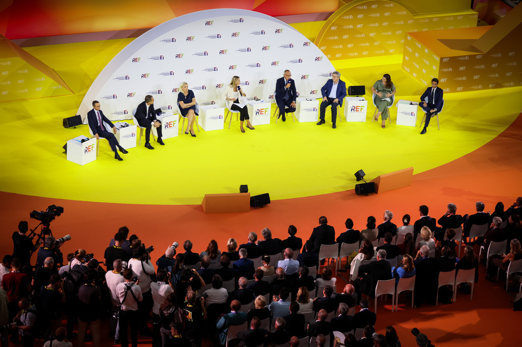 FILE - From left, French conservative Party Les Republicains Bruno Retailleau, co-president of French centre-left party, Place Publique Raphael Glucksmann, Far-right leader Marine Le Pen, Former French Prime Minister and head of Horizons political party Edouard Philippe, French far-left leader Jean-Luc Melenchon, French Green Party leader Marine Tondelier and Former French Prime minister Gabriel Attal, candidates at presidential election participate at a business meeting organized by the French business organization (MEDEF) in Paris, Thursday, Aug. 27, 2026. (AP Photo/Thomas Padilla, File)