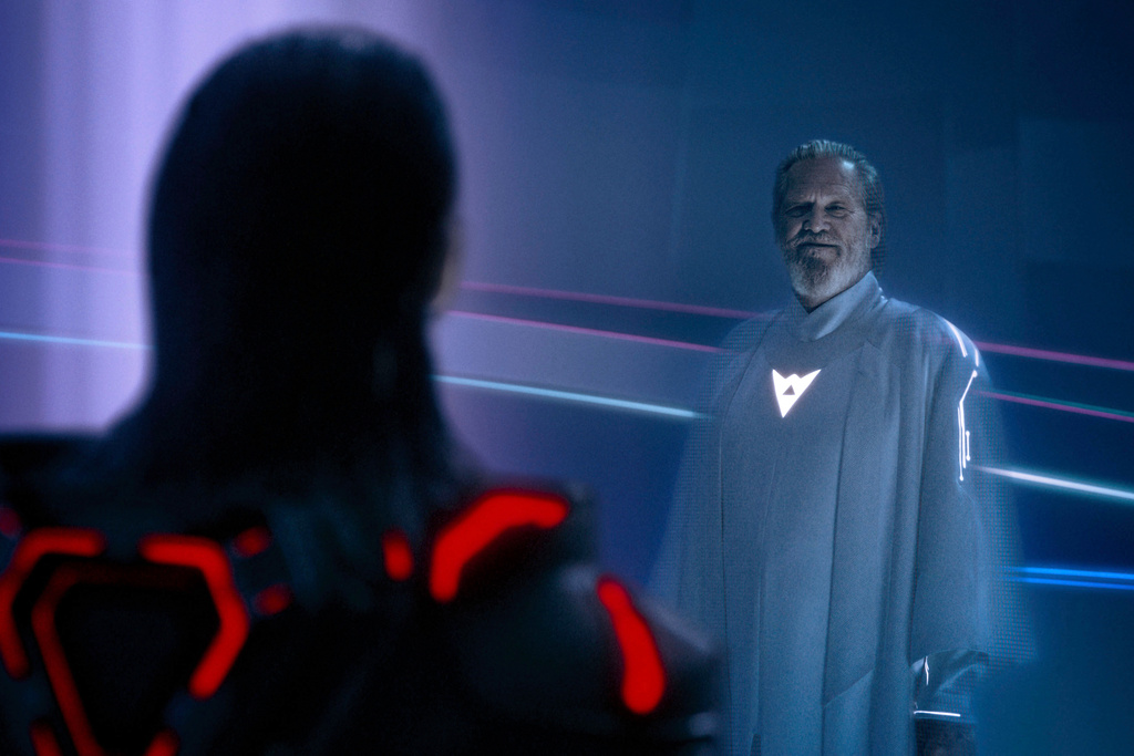This image released by Disney shows Jared Leto, left, and Jeff Bridges in a scene from "Tron: Ares." (Disney via AP)