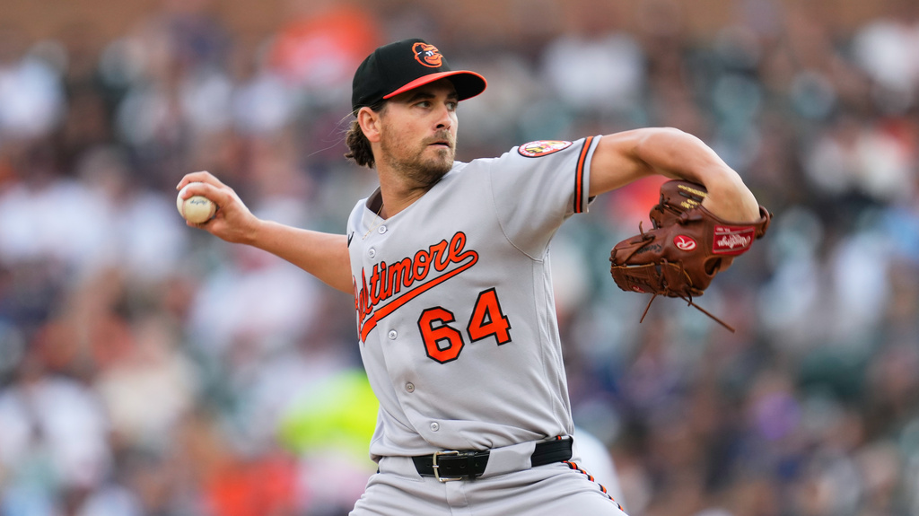 Baltimore Orioles pitcher Dean Kremer throws against the Detroit Tigers during the first inning of a baseball game Tuesday, July 28, 2026, in Detroit. (AP Photo/Paul Sancya)