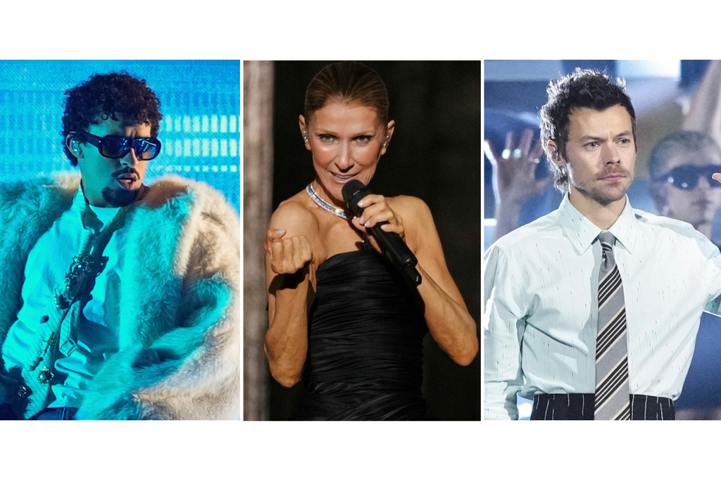This combination of images shows performers, from left, Bad Bunny, Celine Dion, and Harry Styles. (AP Photo)