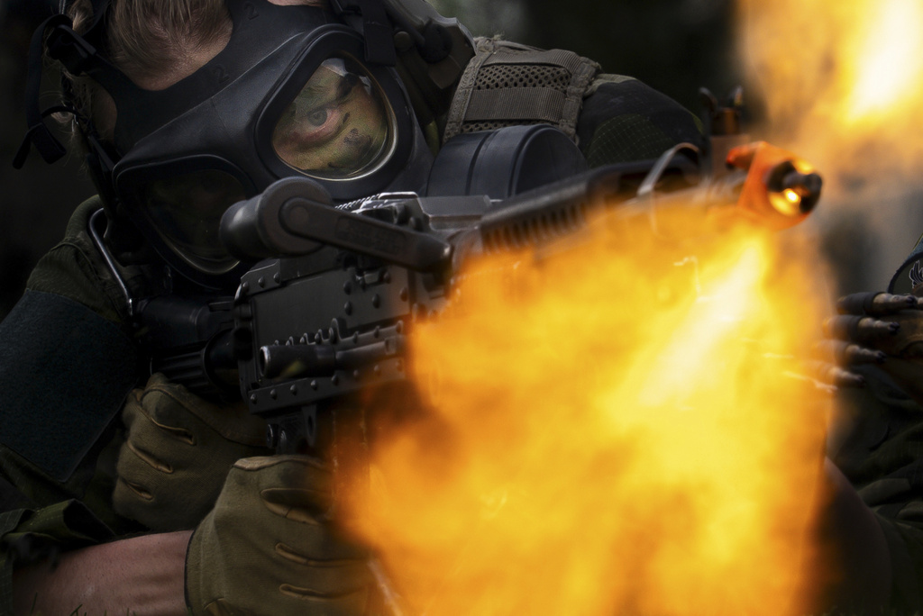 Finnish cadets shoot blanks during the crucible portion of the Sandhurst Military Skills Competition at the United States Military Academy in West Point, N.Y., Saturday, May 2, 2026. (AP Photo/Julia Demaree Nikhinson)