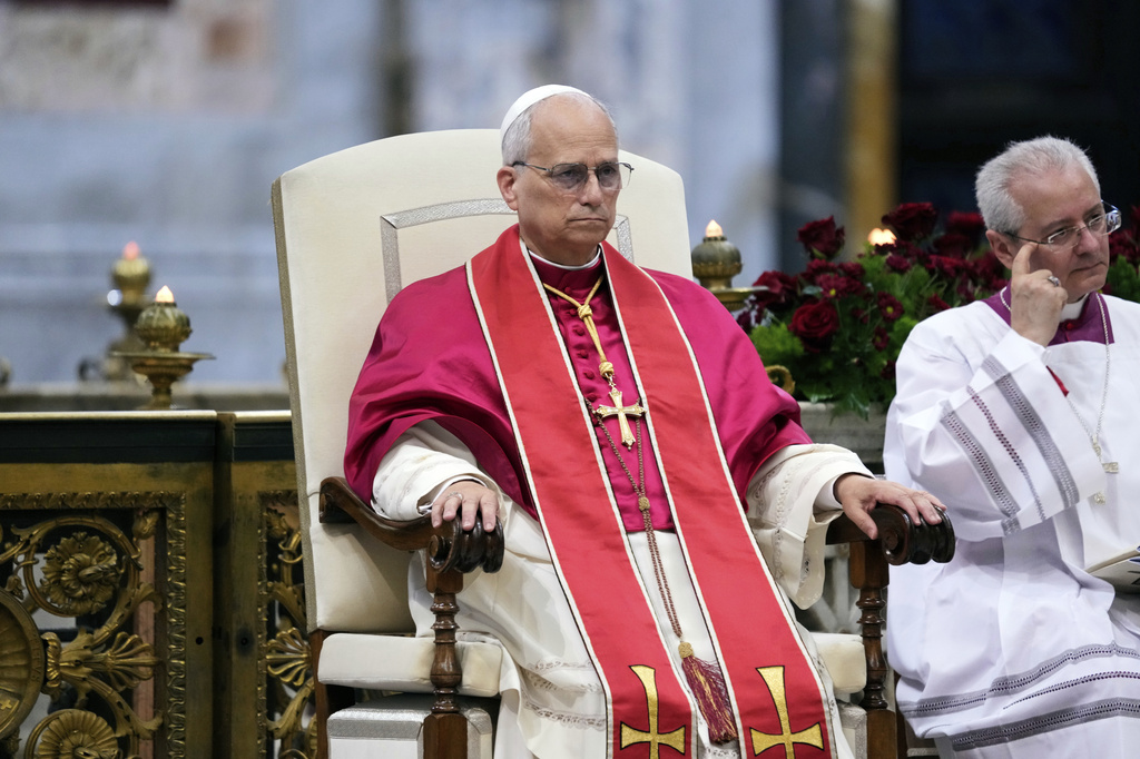 Pope Leo XIV presides over a commemoration of the martyrs and witnesses of the faith of the 21st century with representatives of other churches and Christian communions in the Basilica of St. Paul Outside the Walls in Rome, Sunday, Sept. 14, 2025. (AP Photo/Gregorio Borgia)