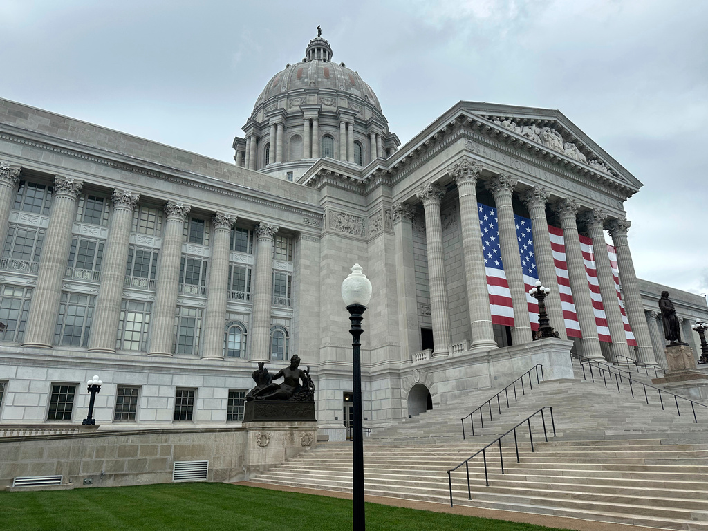 The Missouri Capitol is shown on June 30, 2025, in Jefferson City, Mo., as decorated for Independence Day celebrations. (AP Photo/David A. Lieb)