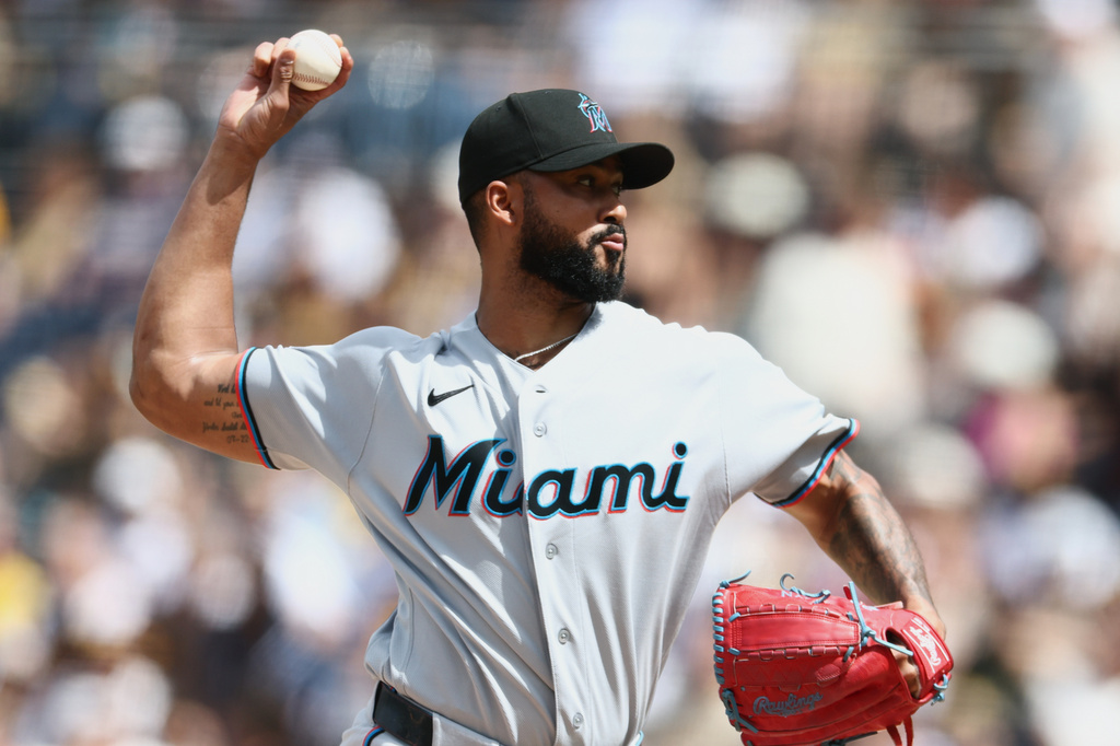 FILE - Miami Marlins starting pitcher Sandy Alcantara works against a San Diego Padres batter in the first inning of a baseball game Sept. 20, 2026, in San Diego. (AP Photo/Karl Anderson, File)