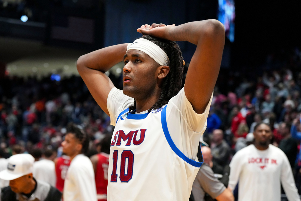 SMU center Jaden Toombs (10) reacts following a First Four college basketball game against Miami (Ohio) in the NCAA Tournament in Dayton, Ohio, Wednesday, March 18, 2026. (AP Photo/Jeff Dean)