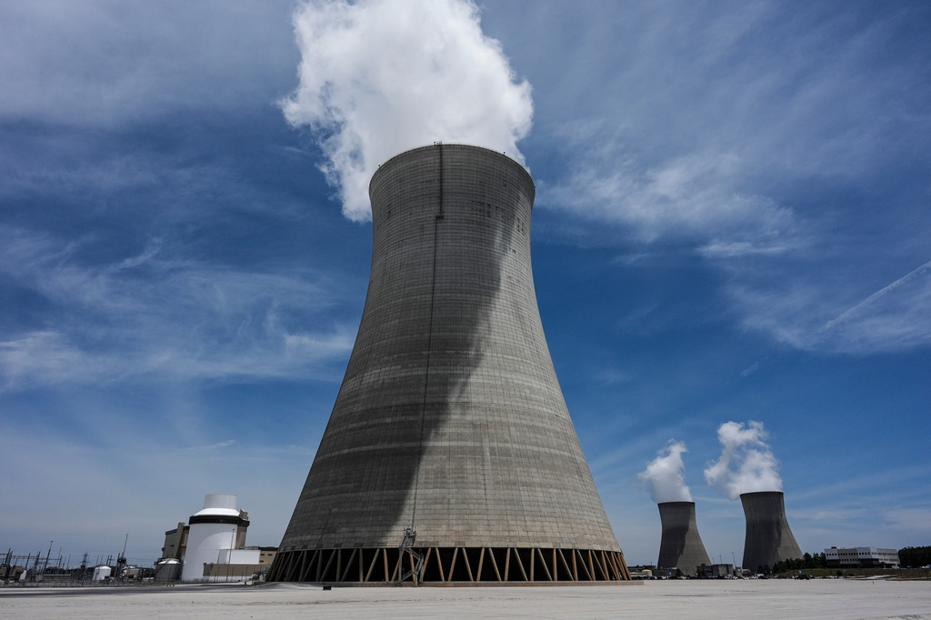 FILE - Cooling tower three with one and two in the background operate at the nuclear reactor facility at the Alvin W. Vogtle Electric Generating Plant, May 31, 2024, in Waynesboro, Ga. (AP Photo/Mike Stewart, File)
