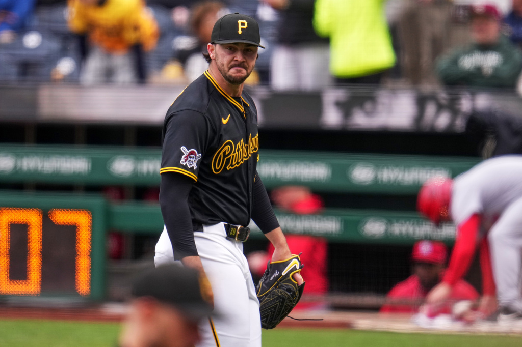 Pittsburgh Pirates pitcher Paul Skenes walks to the dugout after pitching the top of the first inning of a baseball game against the St. Louis Cardinals in Pittsburgh, Thursday, April 30, 2026. (AP Photo/Gene J. Puskar)