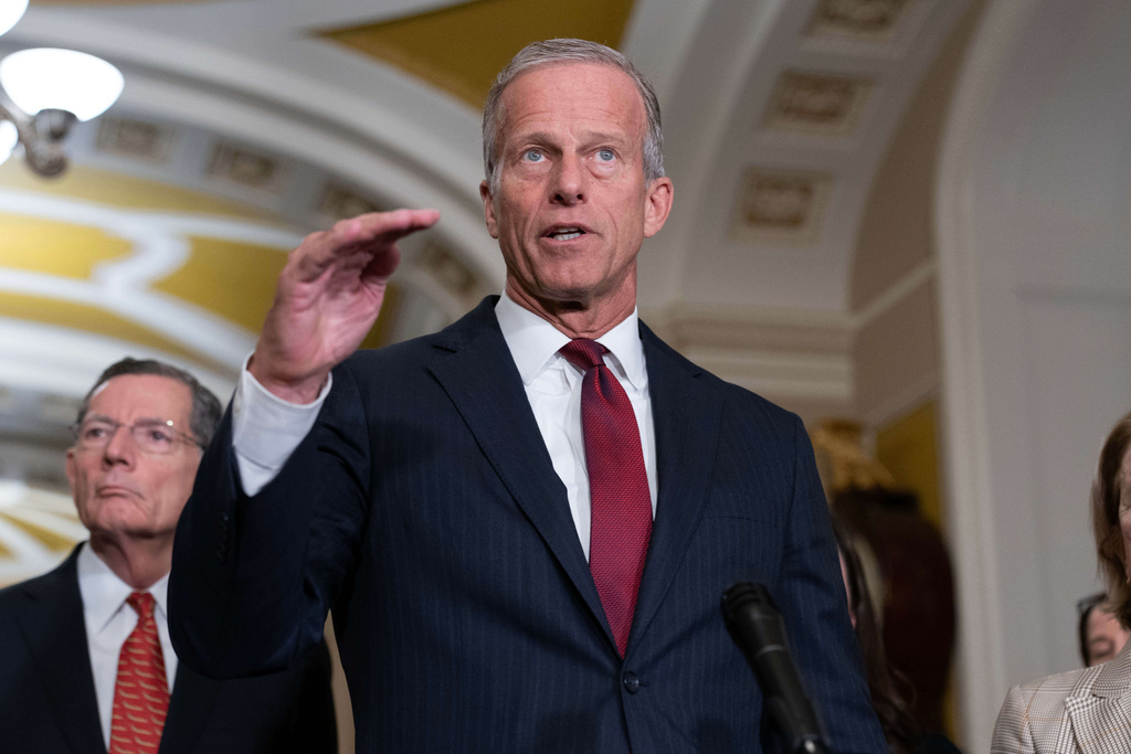 Senate Majority Leader John Thune, R-S.D., speaks to reporters after a weekly Republican luncheon, at the Capitol in Washington, Tuesday, March 10, 2026. (AP Photo/Jose Luis Magana)