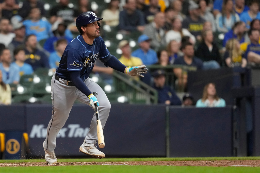 Tampa Bay Rays' Nick Fortes watches his RBI double during the ninth inning of a baseball game against the Milwaukee Brewers, Monday, March 30, 2026, in Milwaukee. (AP Photo/Aaron Gash)