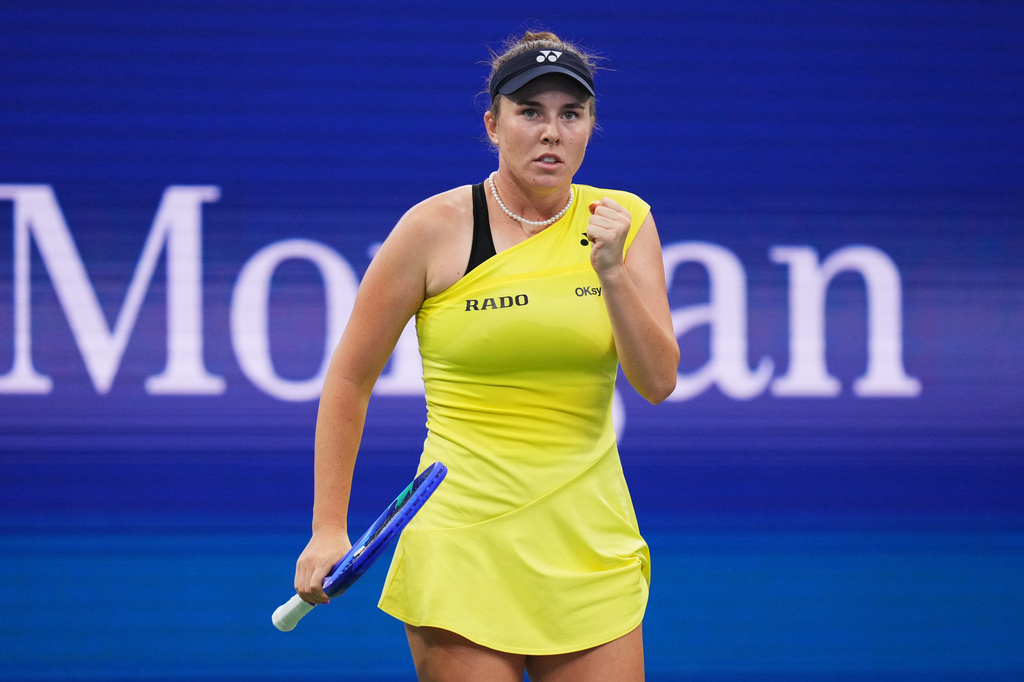 Linda Noskova, of the Czech Republic, reacts during a match against Katie Volynets, of the United States, during the first round of the U.S. Open tennis championships, Monday, Aug. 31, 2026, in New York. (AP Photo/Kirsty Wigglesworth)