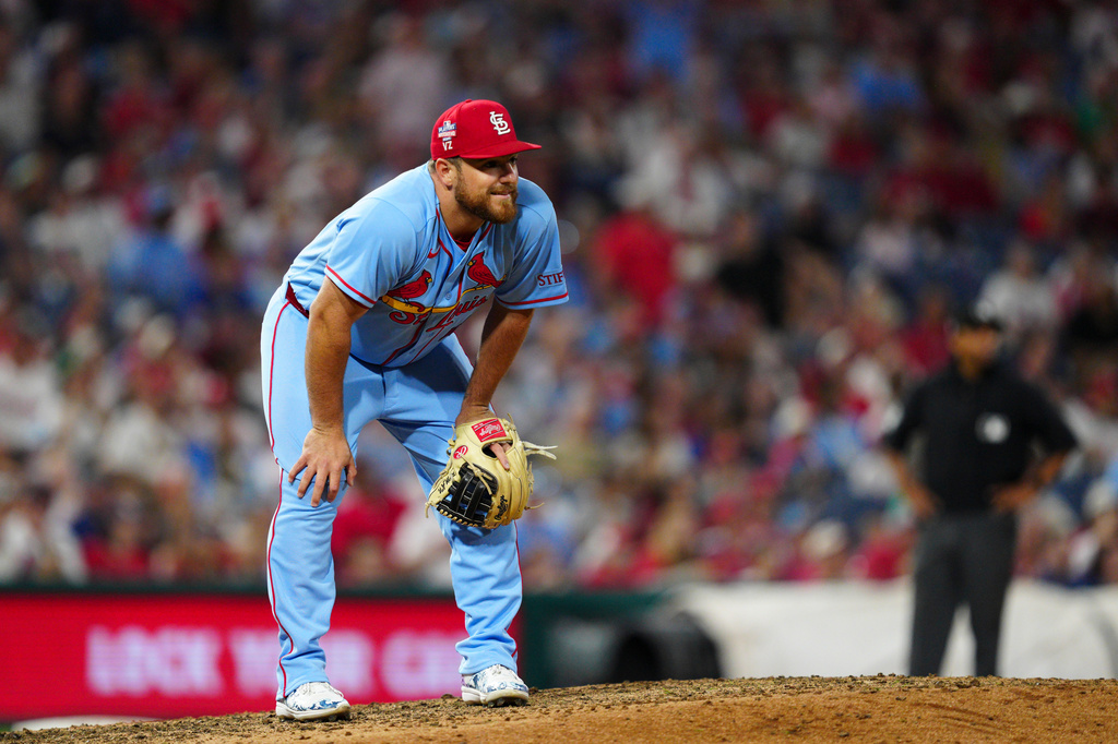 St. Louis Cardinals' Pedro Pagés watches a solo home run hit by Philadelphia Phillies' Kyle Schwarber during the eighth inning of a baseball game, Saturday, Aug. 22, 2026, in Philadelphia. (AP Photo/Derik Hamilton)