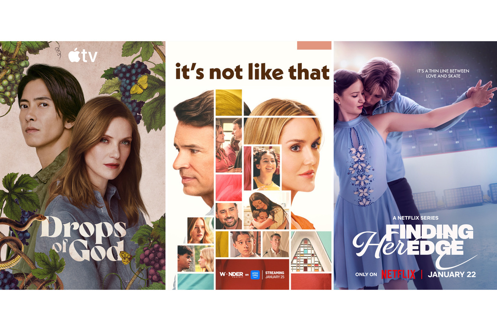 This combination of photos show promotional art for "Drops of God," left, "It's Not Like That," center, and "Finding Her Edge." (Apple/Prime/Netflix via AP)
