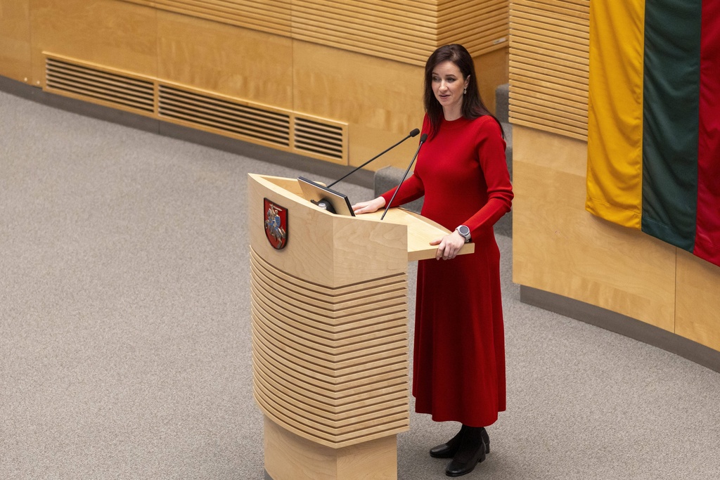 Lithuania's Social Democratic party member Inga Ruginiene, nominated as the next Prime Minister, speaks during a Lithuania's parliament session in Vilnius, Lithuania, Tuesday, Aug. 26, 2025. (AP Photo/Mindaugas Kulbis)