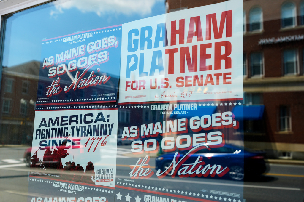 Campaign signs for former Democratic candidate for U.S. Senate Graham Platner are seen at his headquarters Thursday, July 9, 2026, in Ellsworth, Maine. (AP Photo/Robert F. Bukaty)