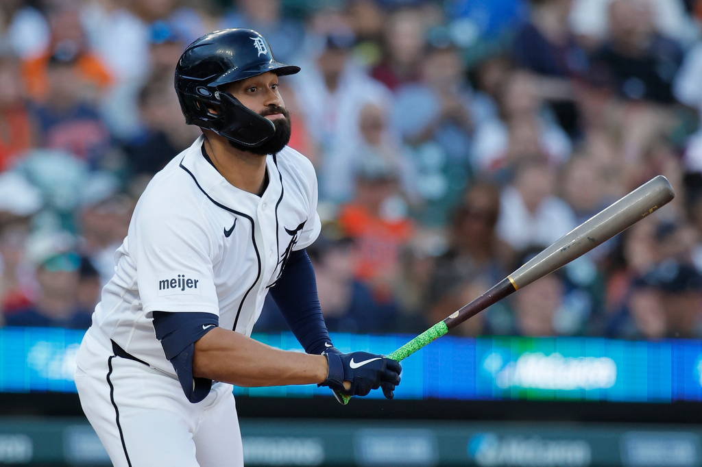 Detroit Tigers' Riley Greene watches his single against the Houston Astros during the fourth inning of a baseball game Thursday, June 25, 2026, in Detroit. (AP Photo/Duane Burleson)