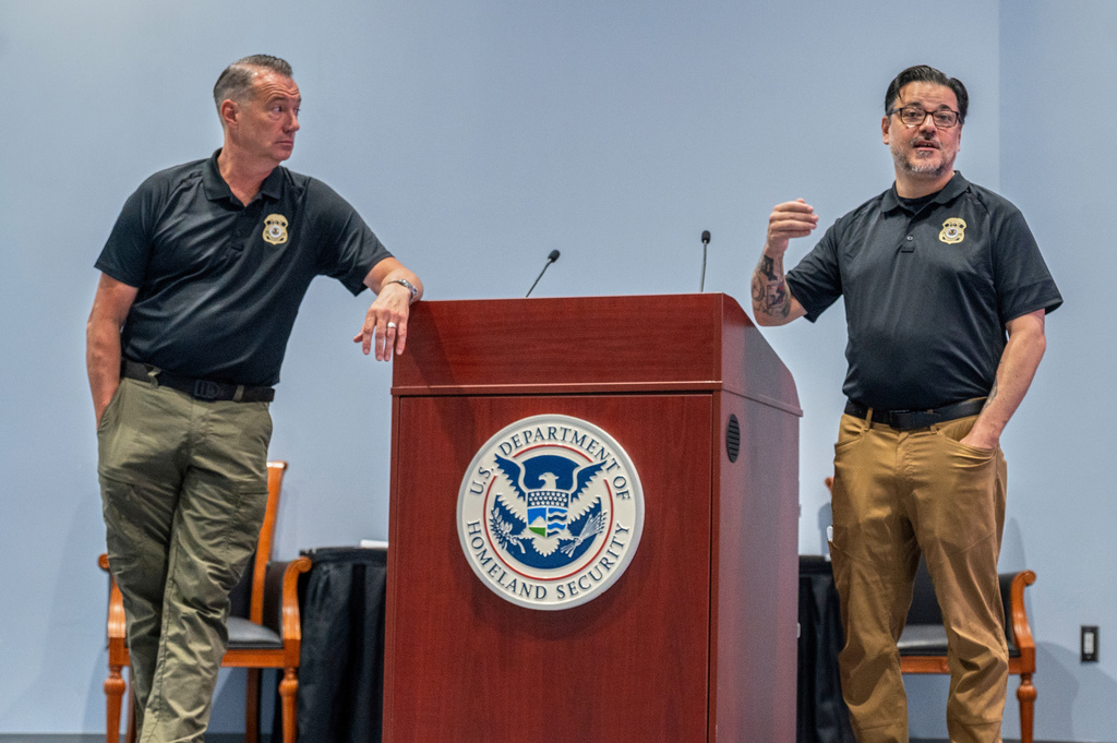 Todd Lyons, left, acting director of U.S. Immigration and Customs Enforcement (ICE) and Caleb Vitello, ICE Enforcement and Removal Operations (ERO) Academy assistant director speak to the press at the Federal Law Enforcement Training Centers (FLETC) in Brunswick, Ga. on Thursday, Aug. 21, 2025 about the training program ICE officers go through. (AP Photo/Fran Ruchalski)