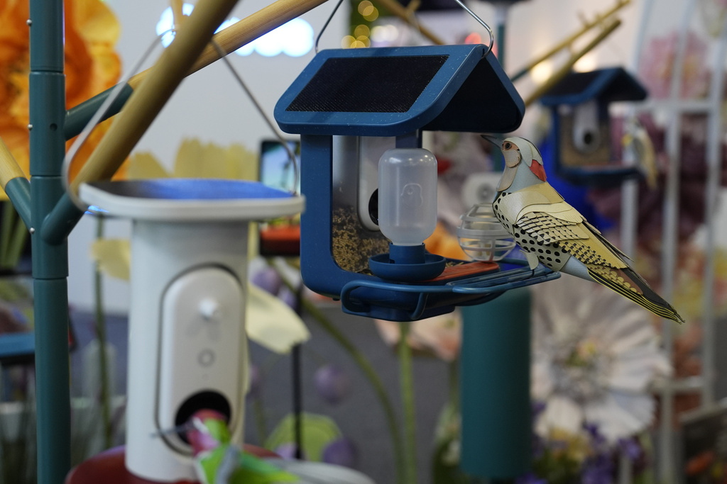 A Bird Buddy smart bird feeder is on display at the Wonder booth during the CES tech show Wednesday, Jan. 8, 2025, in Las Vegas. (AP Photo/John Locher)