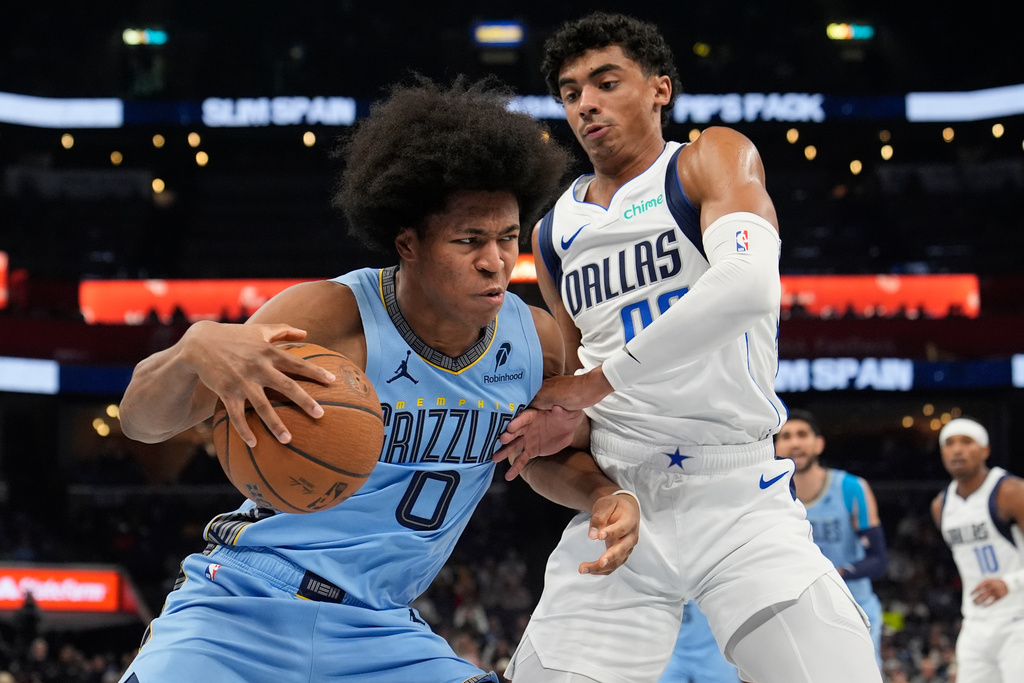 Memphis Grizzlies forward Jaylen Wells (0) drives past Dallas Mavericks guard Max Christie (00) during the first half of an NBA Cup basketball game Friday, Nov. 7, 2025, in Memphis, Tenn. (AP Photo/George Walker IV)
