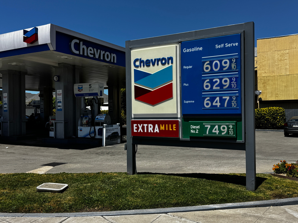 A billboard shows gas prices at a Chevron gas station in Alameda, Calif., on Thursday, May 21, 2026, where company signs blame Sacramento policies for high fuel costs. (AP Photo/Terry Chea)
