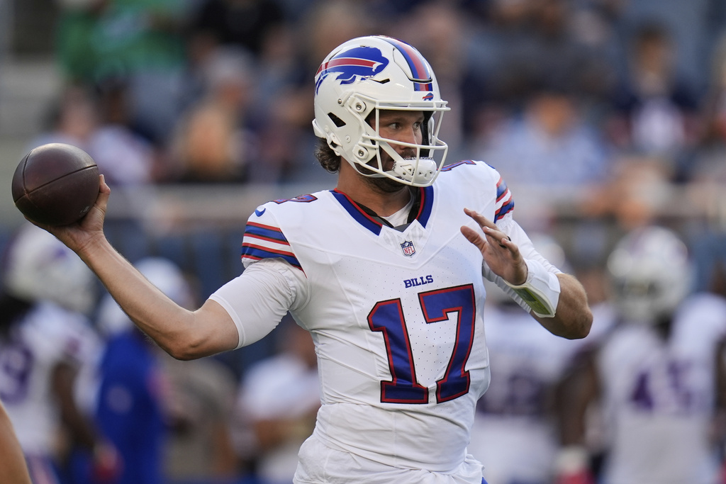 Buffalo Bills quarterback Josh Allen warms up before a preseason NFL football game against the Chicago Bears Sunday, Aug. 17, 2025, in Chicago. (AP Photo/Erin Hooley)