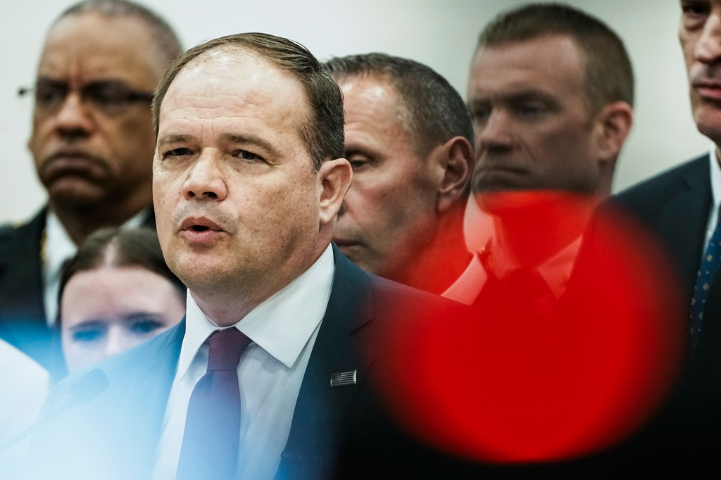 Suffolk County District Attorney Raymond A. Tierney speaks during a news conference after Rex Heuermann, accused in Long Island's Gilgo Beach serial killings, pleaded guilty on Wednesday, April 8, 2026, at Suffolk County Police Academy Gymnasium in Brentwood, N.Y. (AP Photo/Eduardo Munoz Alvarez)