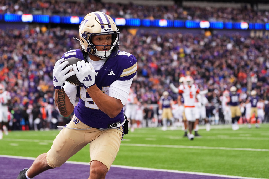 FILE - Washington wide receiver Dezmen Roebuck makes a touchdown catch against Illinois during the first half of NCAA college football game, Saturday, Oct. 25, 2025, in Seattle. (AP Photo/Lindsey Wasson, File)