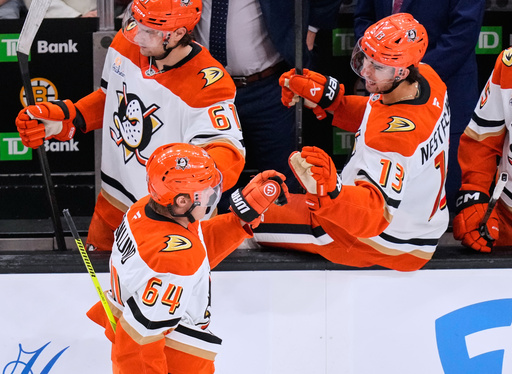 Anaheim Ducks center Mikael Granlund (64) is congratulated after his goal against the Boston Bruins during the third period of an NHL hockey game, Thursday, Oct. 23, 2025, in Boston. (AP Photo/Charles Krupa) Anaheim Ducks center Mikael Granlund (64) is congratulated after his goal against the Boston Bruins during the third period of an NHL hockey game, Thursday, Oct. 23, 2025, in Boston. (AP Photo/Charles Krupa)