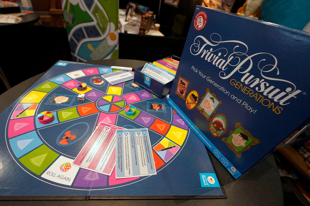 FILE - A Trivial Pursuit game is displayed at the Toy Fair in New York's Javits Center, Oct. 2, 2023. (AP Photo/Richard Drew, File)