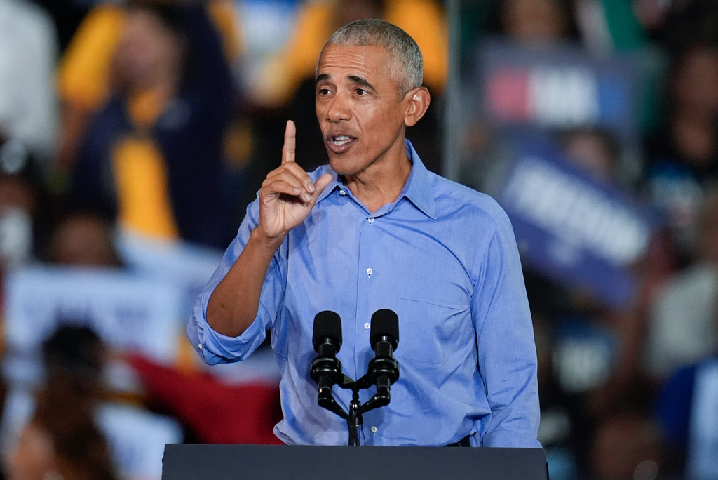 FILE - Former President Barack Obama speaks during a campaign rally, Oct. 24, 2024, in Clarkston, Ga. (AP Photo/Mike Stewart, File)