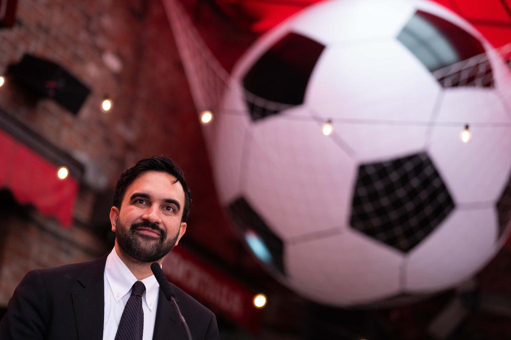 New York Mayor Zohran Mamdani makes a World Cup soccer announcement at Harlem Tavern, Thursday, May 21, 2026 in New York. (AP Photo/Adam Gray)