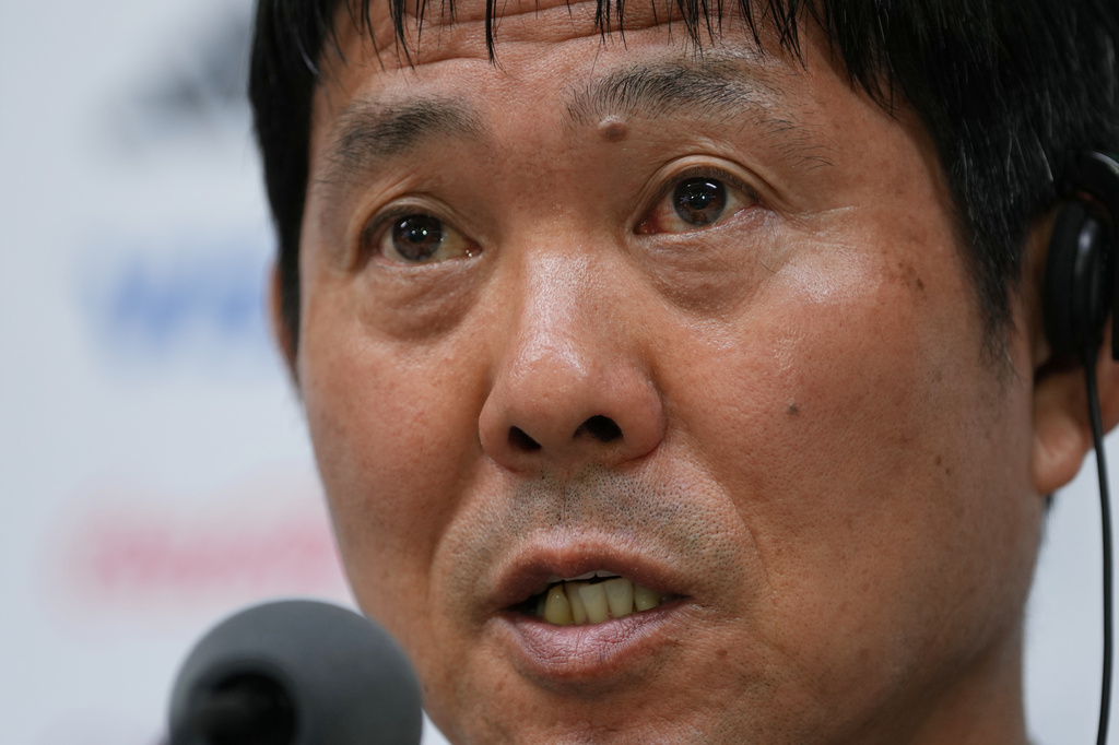 Japan head coach Hajime Moriyasu gives a press conference ahead of the World Cup Group F soccer match against Tunisia, in Guadalupe, near Monterrey, Mexico, Friday, June 19, 2026. (AP Photo/Matias Delacroix)