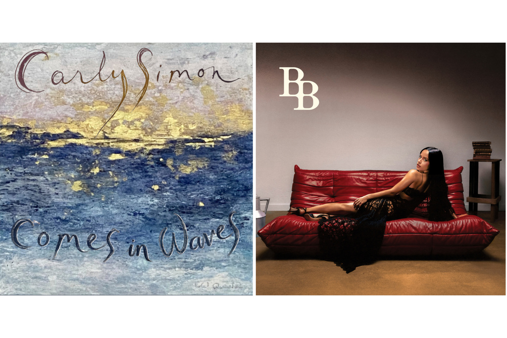 This combination of album cover images show "Comes in Waves" by Carly Simon, left, and “Baraja Bendita” by Becky G. (Iris Records/RCA via AP)