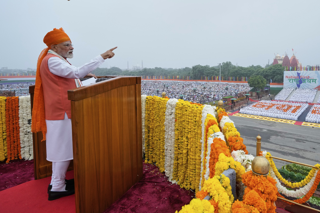Indian Prime Minister Narendra Modi addresses the nation from the rampart of the 17th century Mughal-era Red Fort monument during the country's Independence Day celebrations in New Delhi, India, Friday, Aug. 15, 2025. (AP Photo/Manish Swarup)