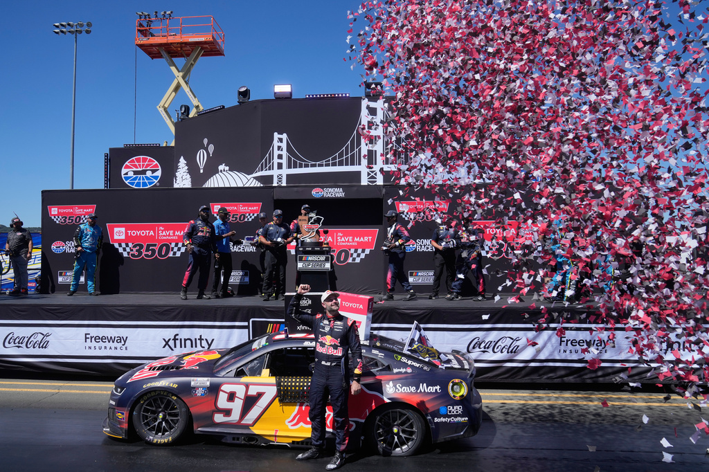 Shane van Gisbergen celebrates after winning a NASCAR Cup Series auto race at Sonoma Raceway, Sunday, June 28, 2026, in Sonoma, Calif. (AP Photo/Jeff Chiu)