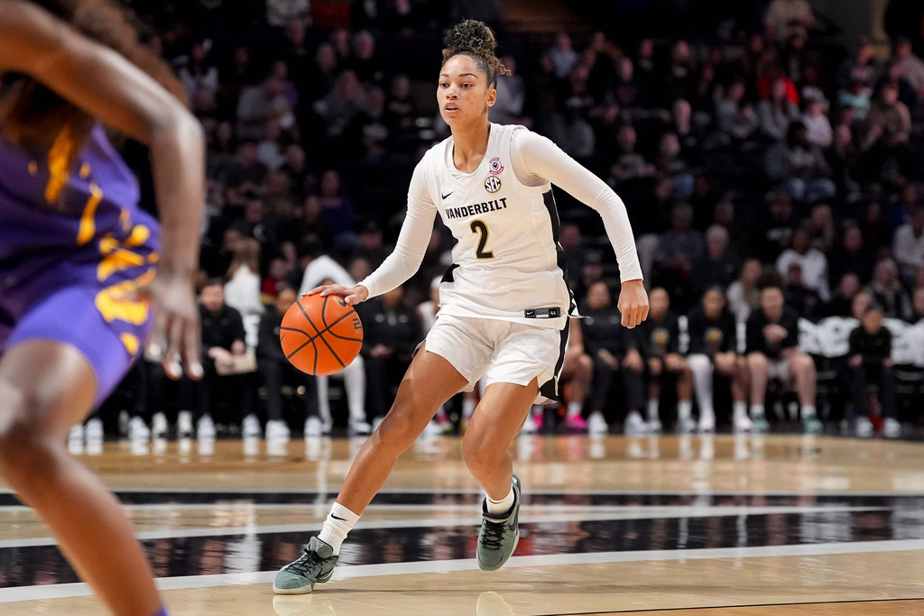 Vanderbilt guard Jada Brown (2) drives against LSU during the first half of an NCAA college basketball game Sunday, Jan. 4, 2026, in Nashville, Tenn. (AP Photo/Camden Hall)