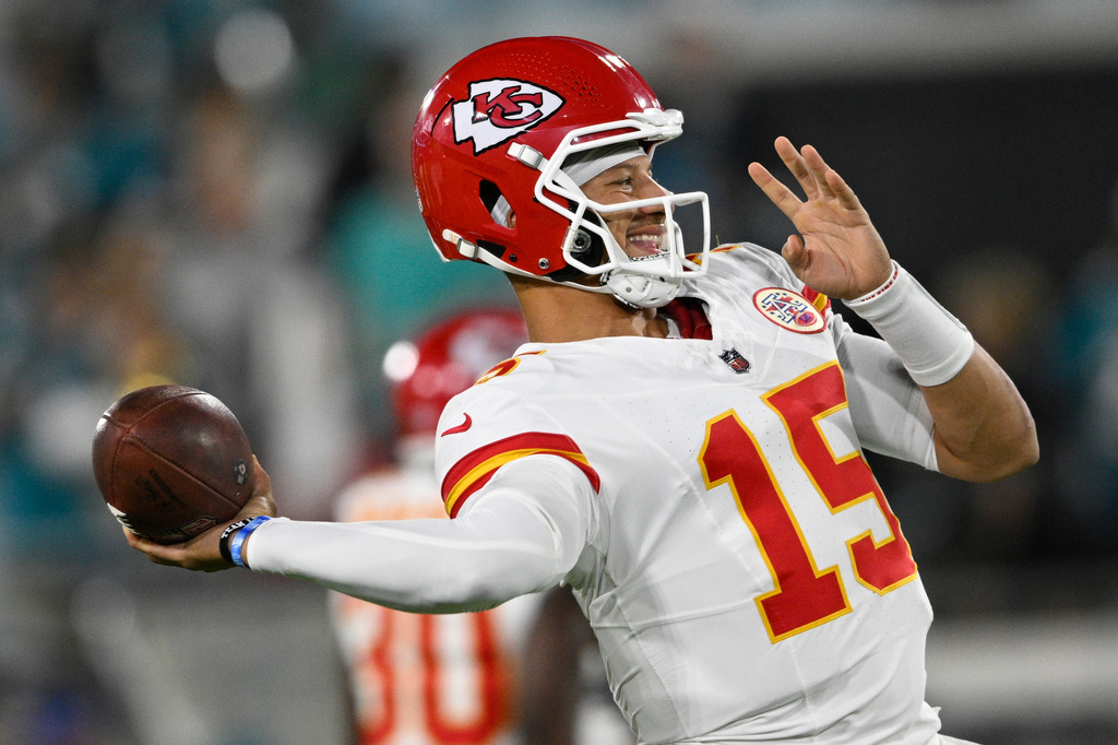 Kansas City Chiefs quarterback Patrick Mahomes warms up before an NFL football game against the Jacksonville Jaguars, Monday, Oct. 6, 2025, in Jacksonville, Fla. (AP Photo/Phelan M. Ebenhack)